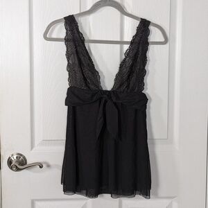 Y2K Victoria's Secret Black Lace Plunge Neck‎ Babydoll Lingerie Slip Size Small